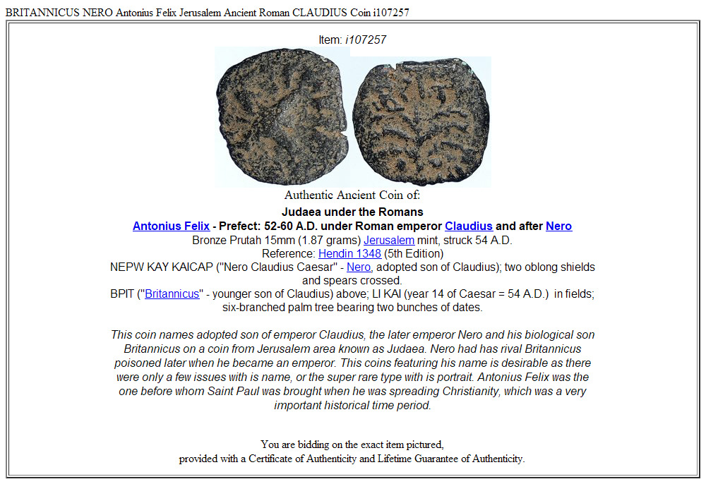 BRITANNICUS NERO Antonius Felix Jerusalem Ancient Roman CLAUDIUS Coin i107257