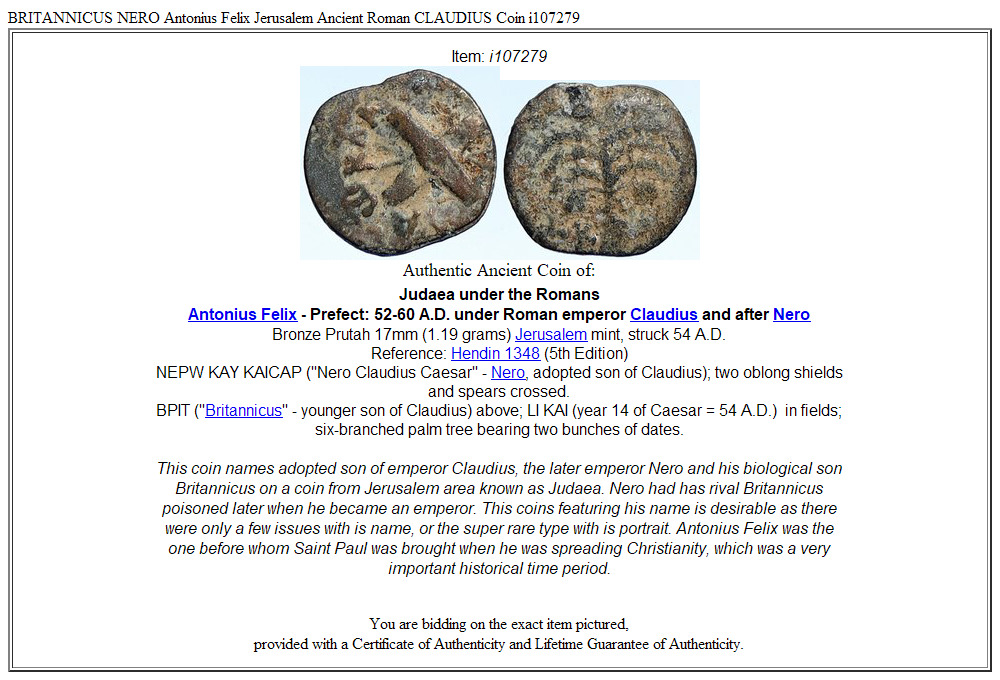 BRITANNICUS NERO Antonius Felix Jerusalem Ancient Roman CLAUDIUS Coin i107279
