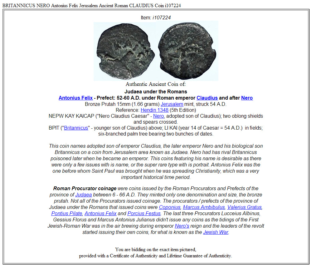 BRITANNICUS NERO Antonius Felix Jerusalem Ancient Roman CLAUDIUS Coin i107224