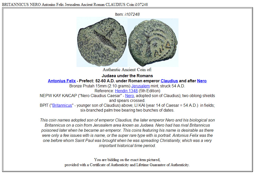 BRITANNICUS NERO Antonius Felix Jerusalem Ancient Roman CLAUDIUS Coin i107248