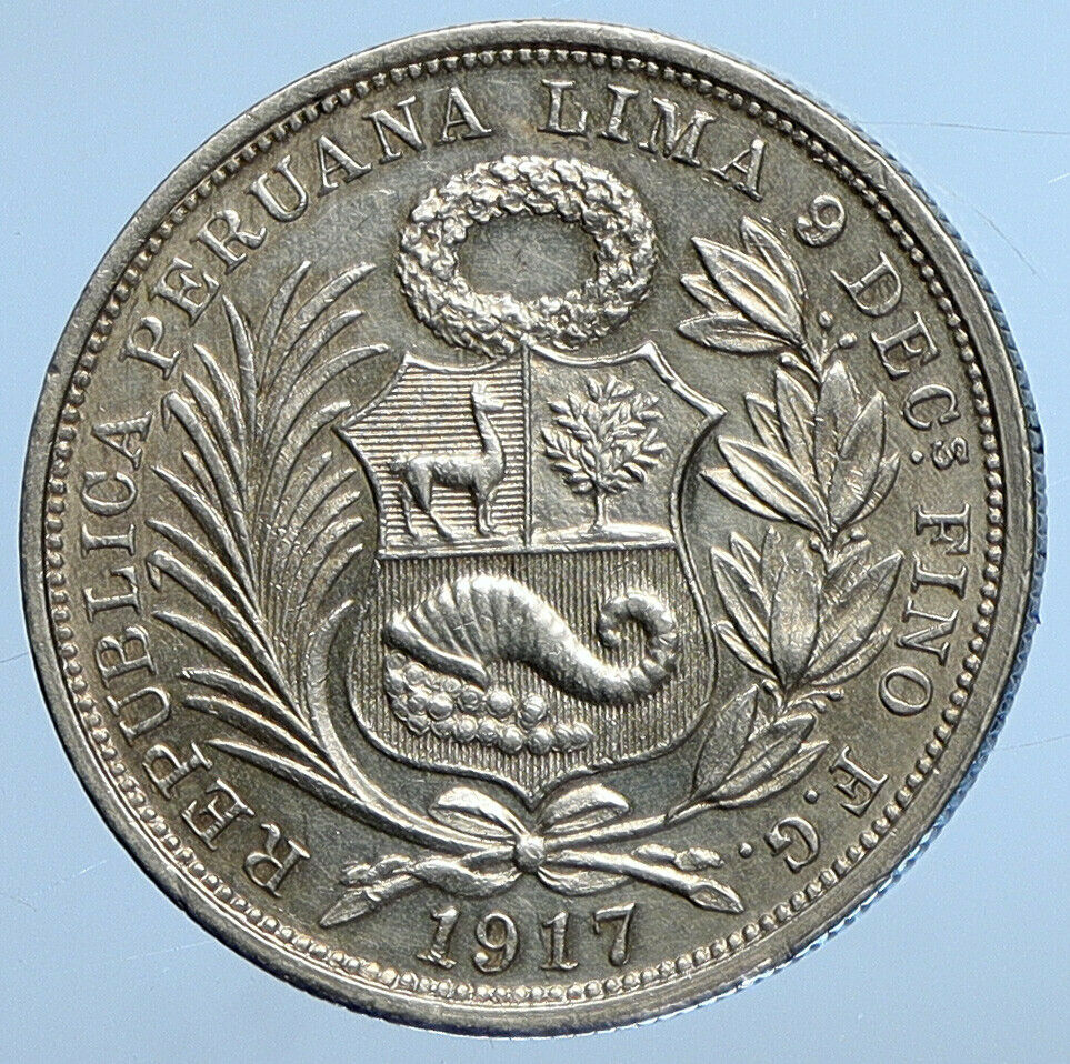 1917 PERU South America Original OLD Silver Peruvian 1/2 Half Sol Coin i111219