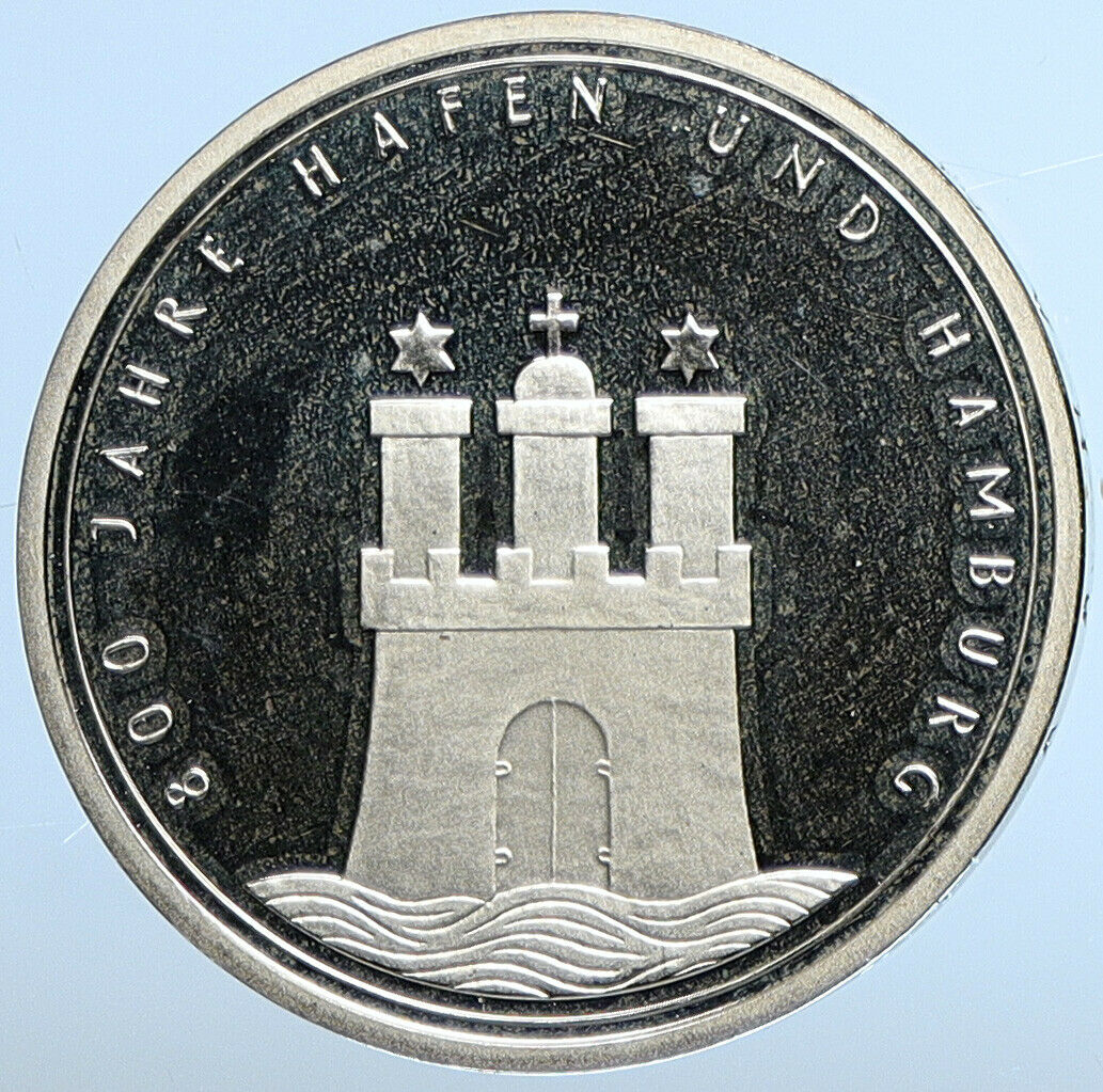 1989 J GERMANY Hamburg Castle Eagle VINTAGE Proof Silver 10 Mark Coin i111212