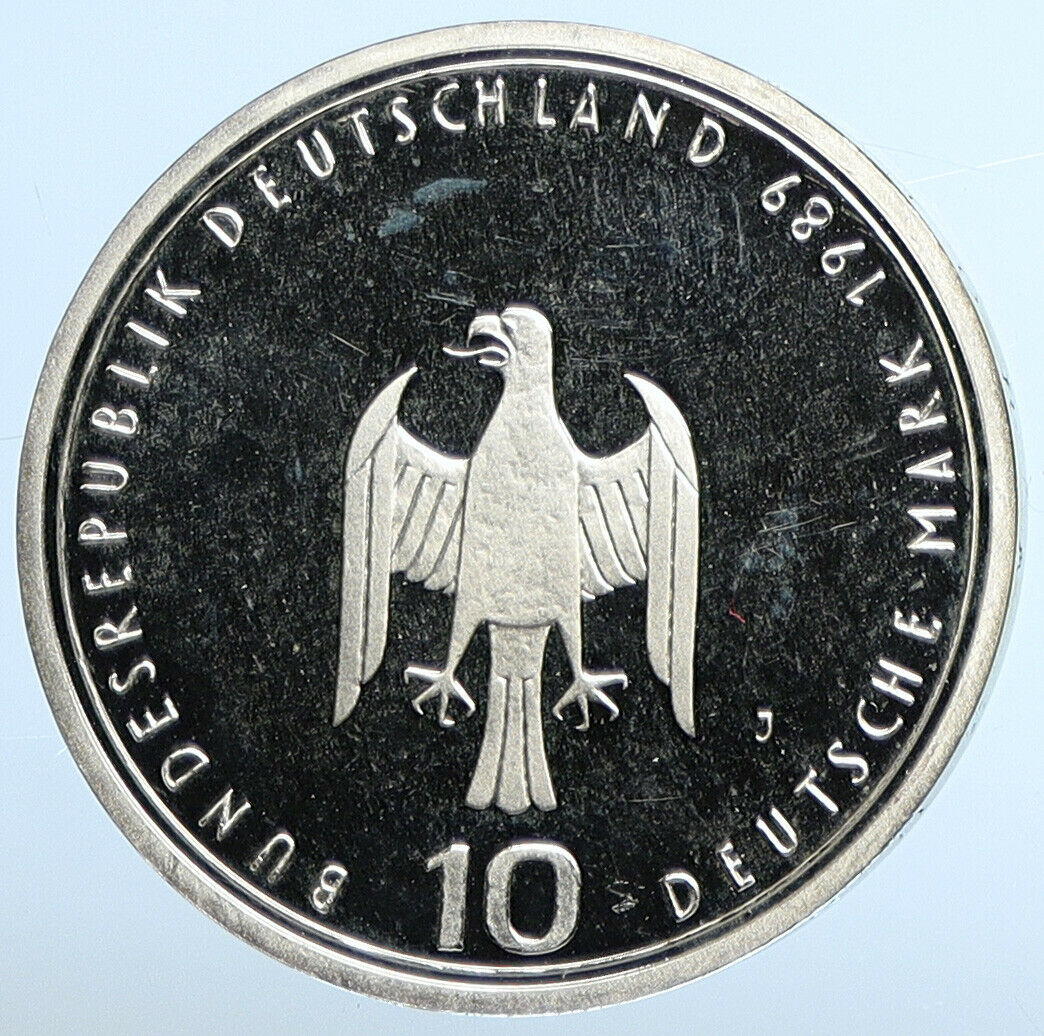 1989 J GERMANY Hamburg Castle Eagle VINTAGE Proof Silver 10 Mark Coin i111212