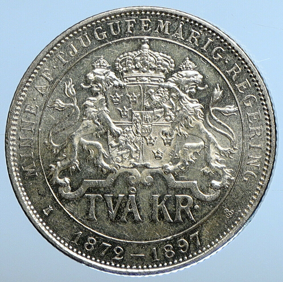 1897 SWEDEN King Oscar II Shield ANTIQUE SWEDISH Silver 2 Kronor Coin i111251