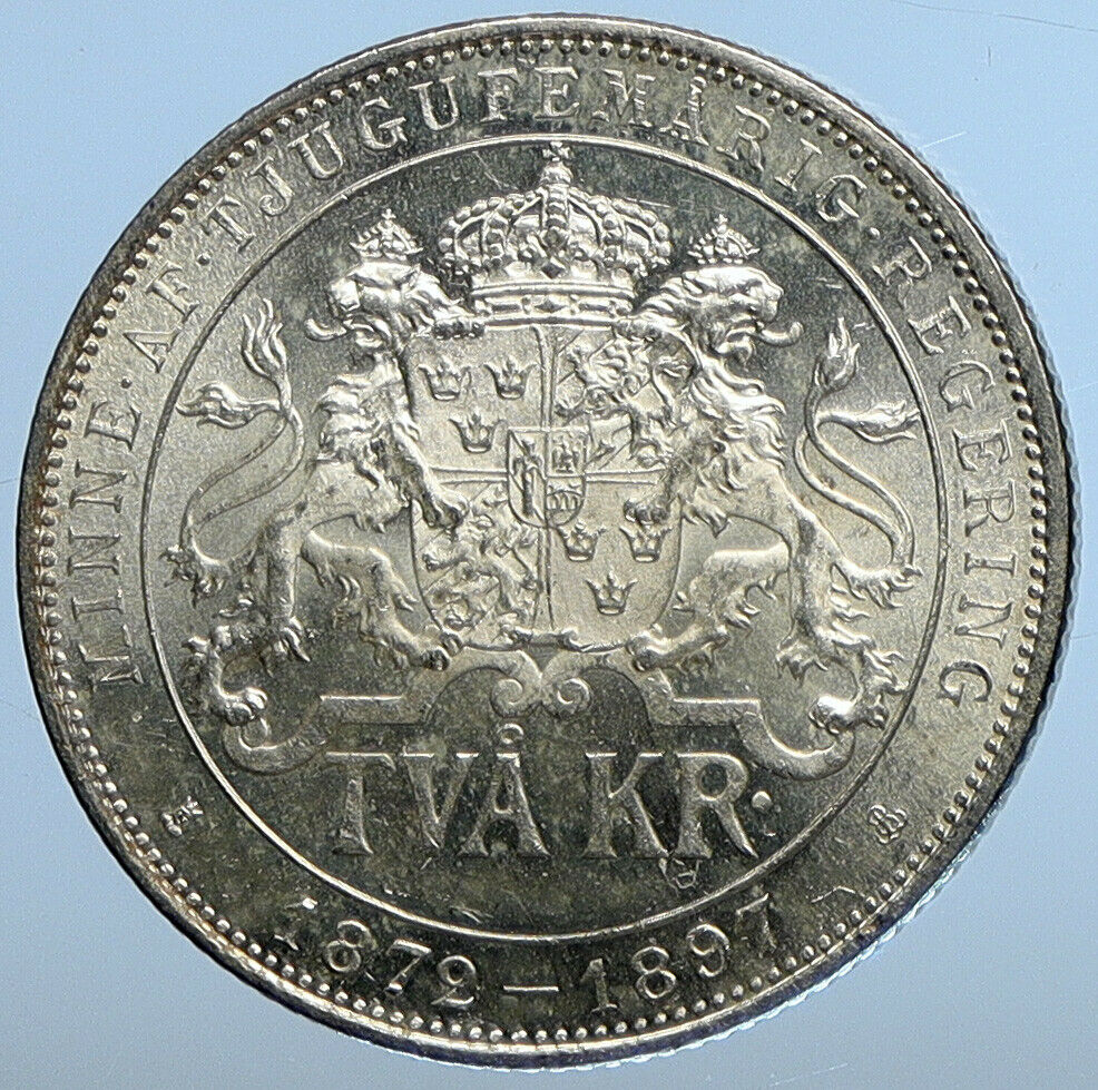 1897 SWEDEN King Oscar II Shield ANTIQUE SWEDISH Silver 2 Kronor Coin i111246