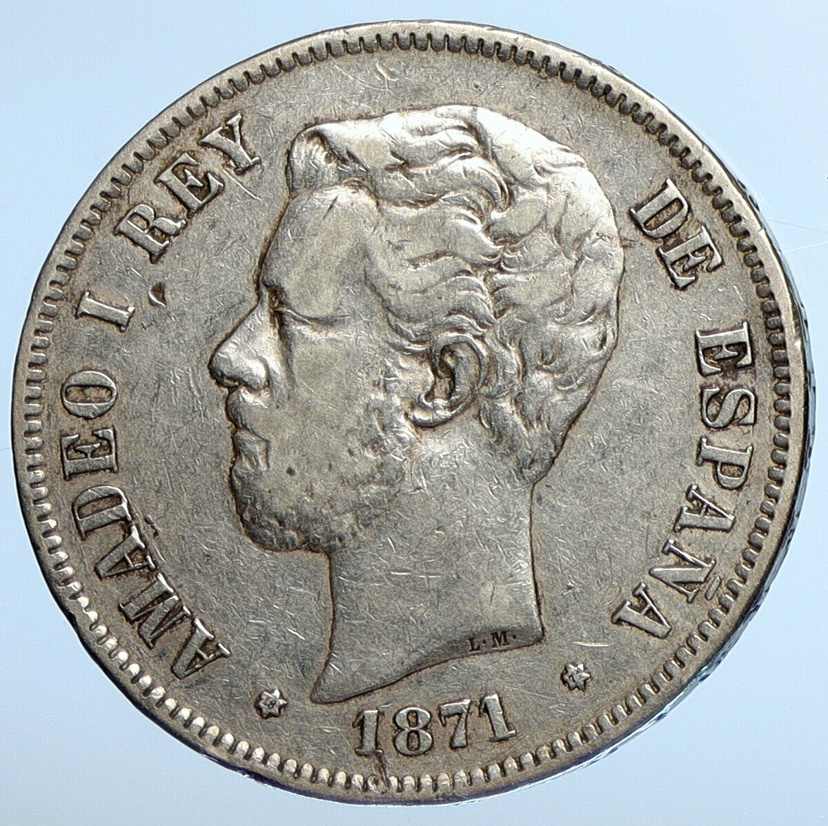 1871 SPAIN w King Amadeo I Amadeus Antique Silver 5 Pesetas Spanish Coin i111227