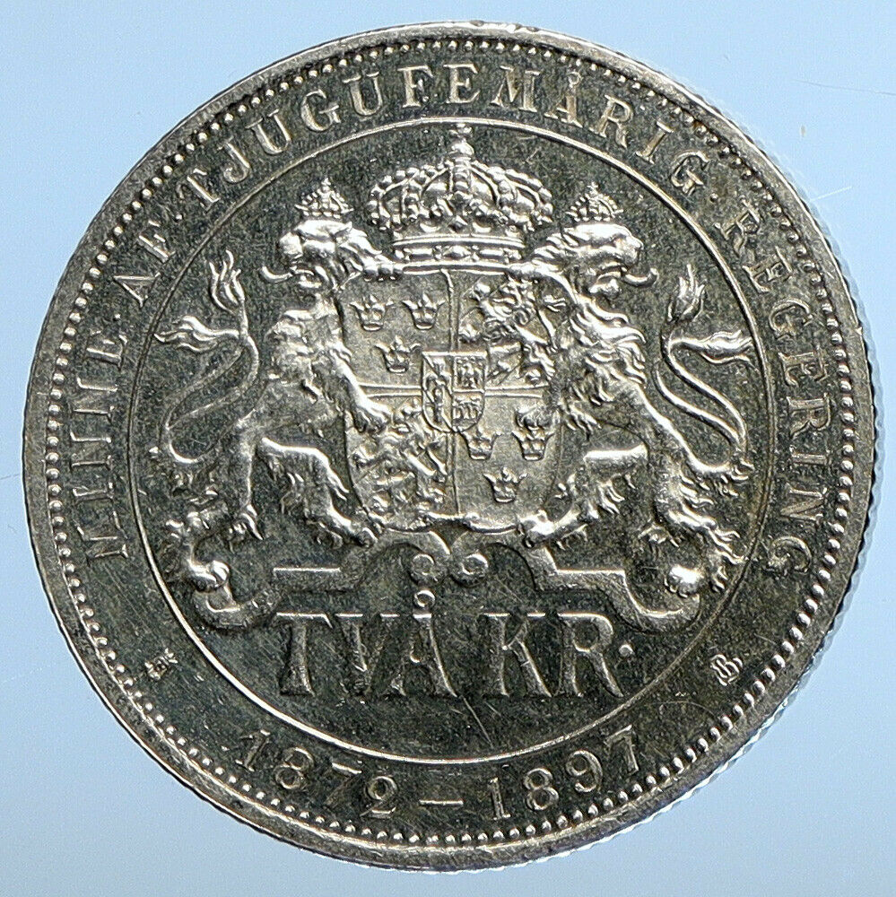 1897 SWEDEN King Oscar II Shield ANTIQUE SWEDISH Silver 2 Kronor Coin i111250