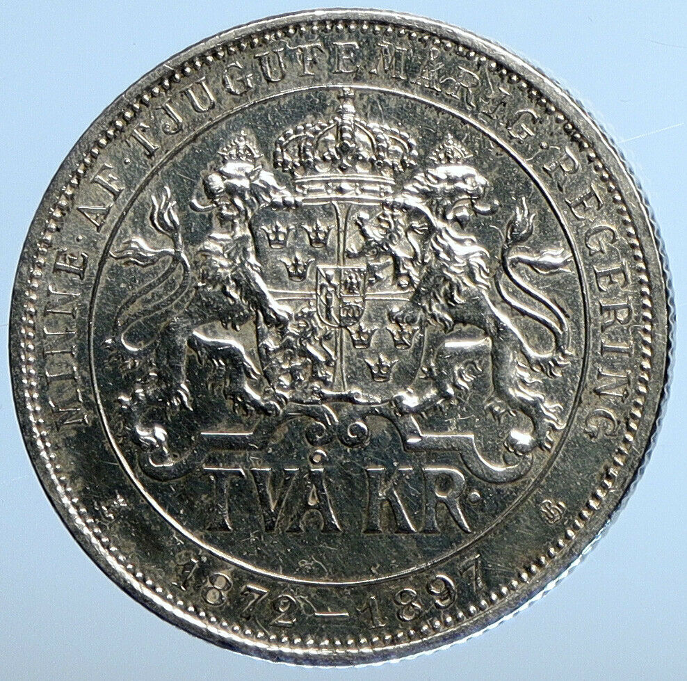 1897 SWEDEN King Oscar II Shield ANTIQUE SWEDISH Silver 2 Kronor Coin i111242