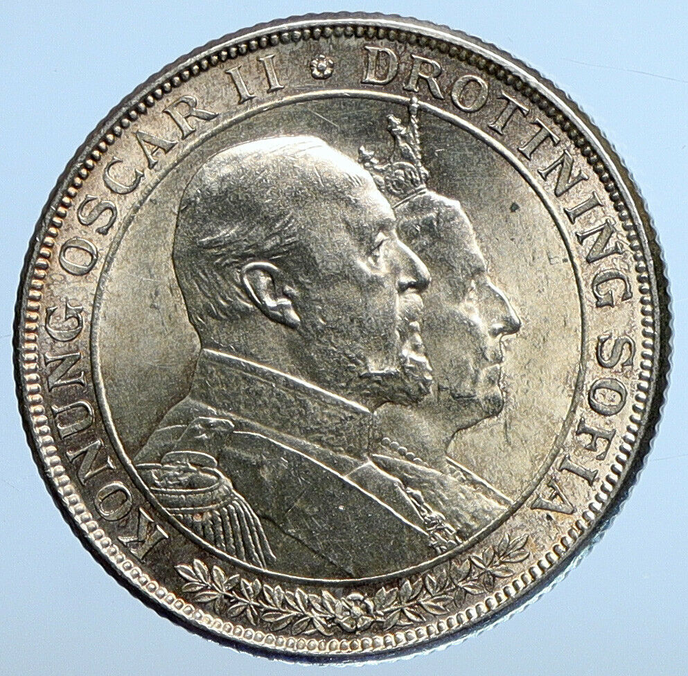 1907 SWEDEN King Oscar II Wedding to Lady Sophia Silver 2 Kronor Coin i111232