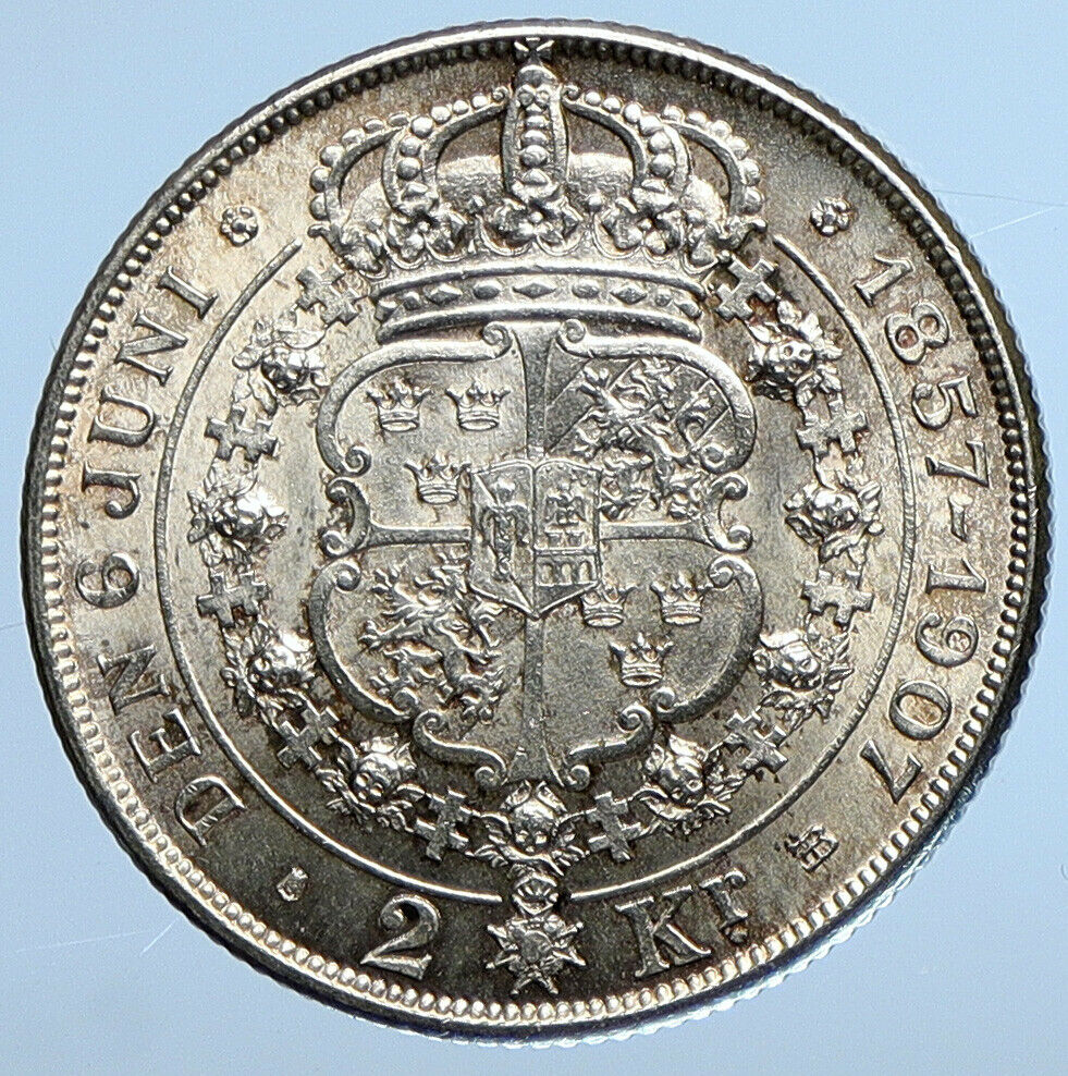 1907 SWEDEN King Oscar II Wedding to Lady Sophia Silver 2 Kronor Coin i111232