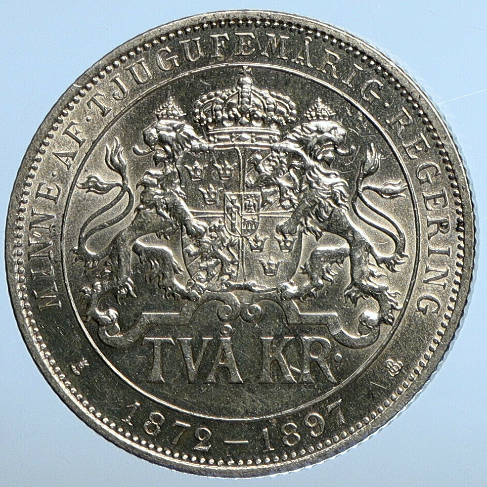 1897 SWEDEN King Oscar II Shield ANTIQUE SWEDISH Silver 2 Kronor Coin i111243