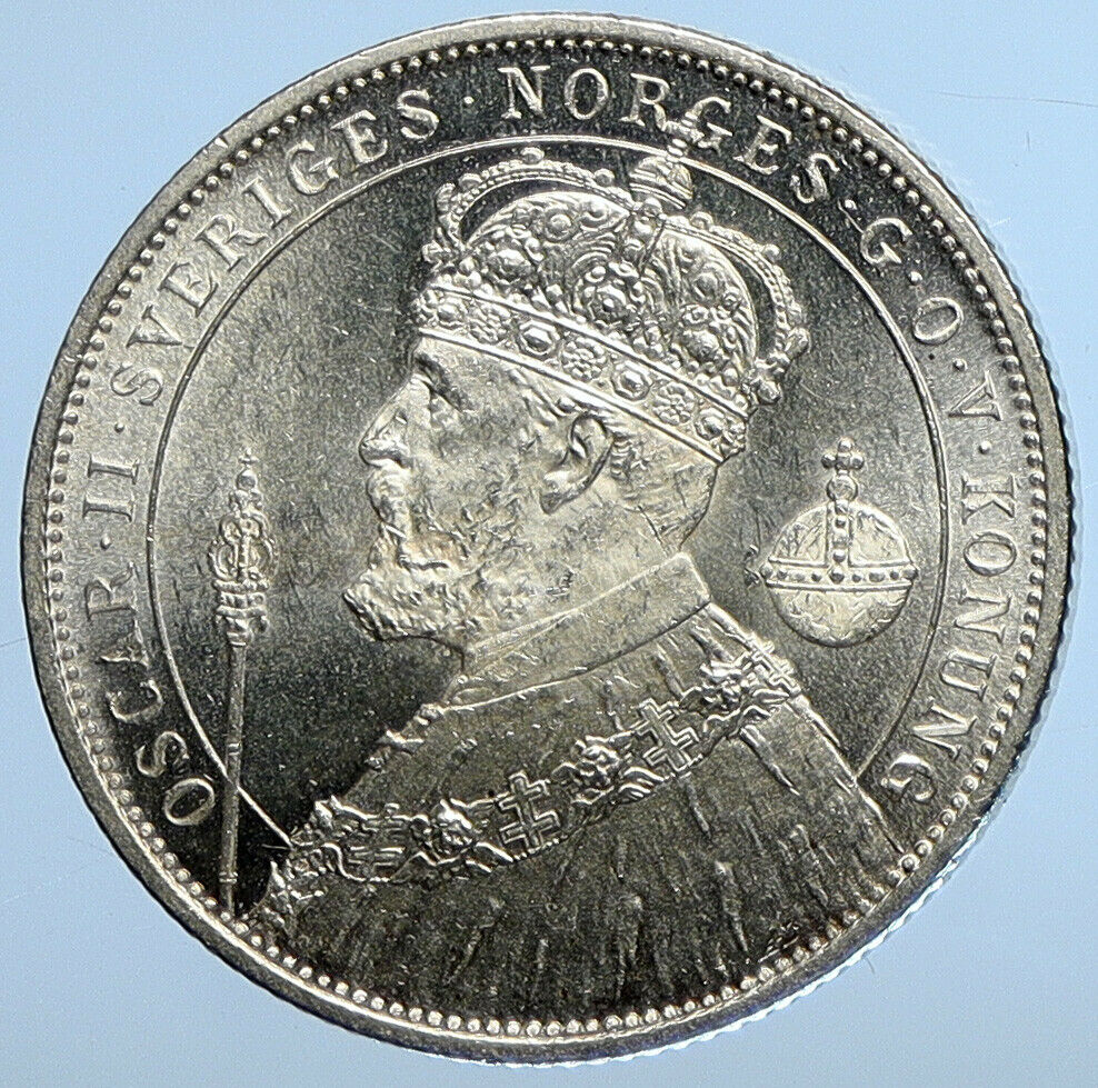 1897 SWEDEN King Oscar II Shield ANTIQUE SWEDISH Silver 2 Kronor Coin i111245