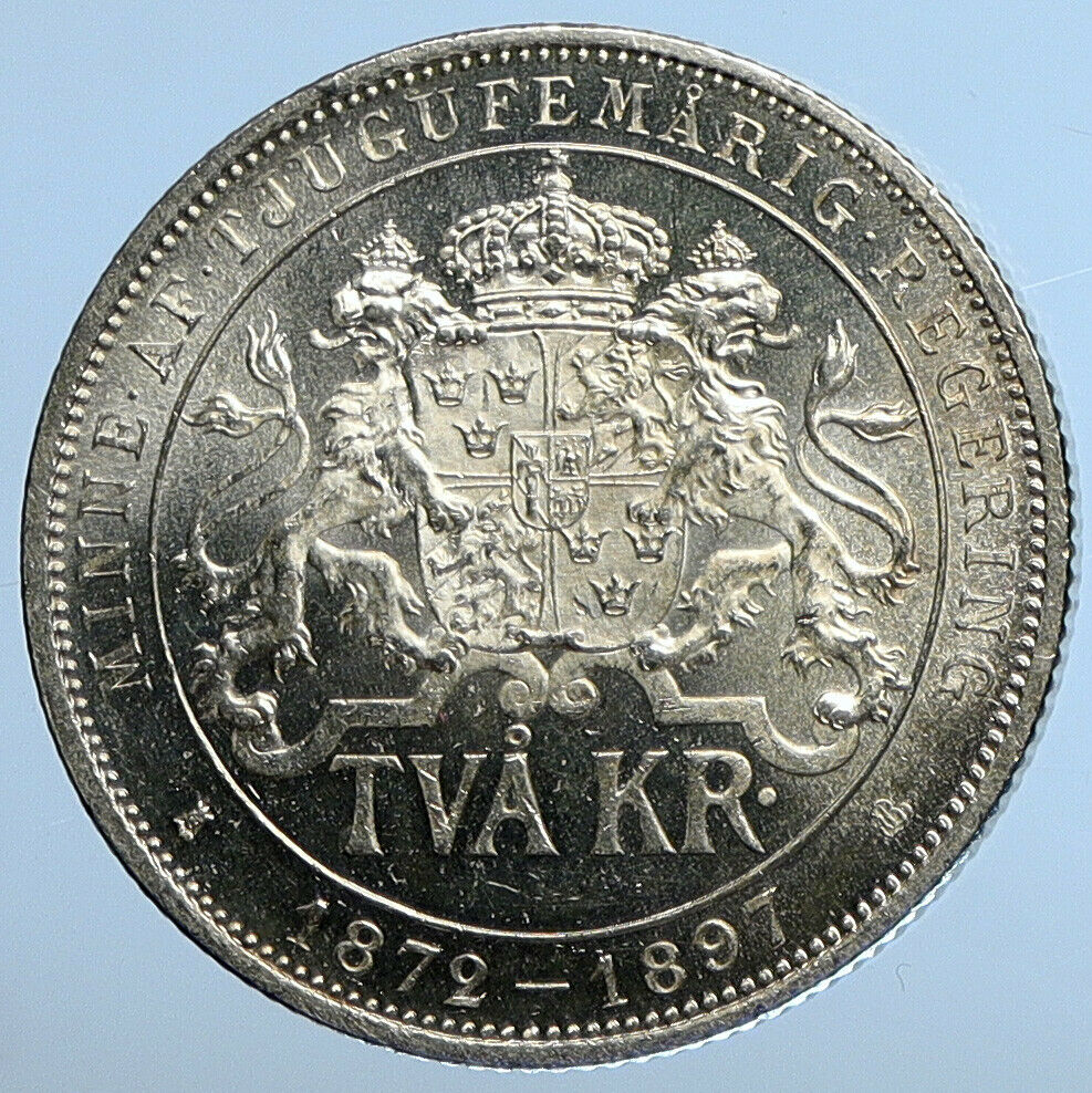 1897 SWEDEN King Oscar II Shield ANTIQUE SWEDISH Silver 2 Kronor Coin i111245