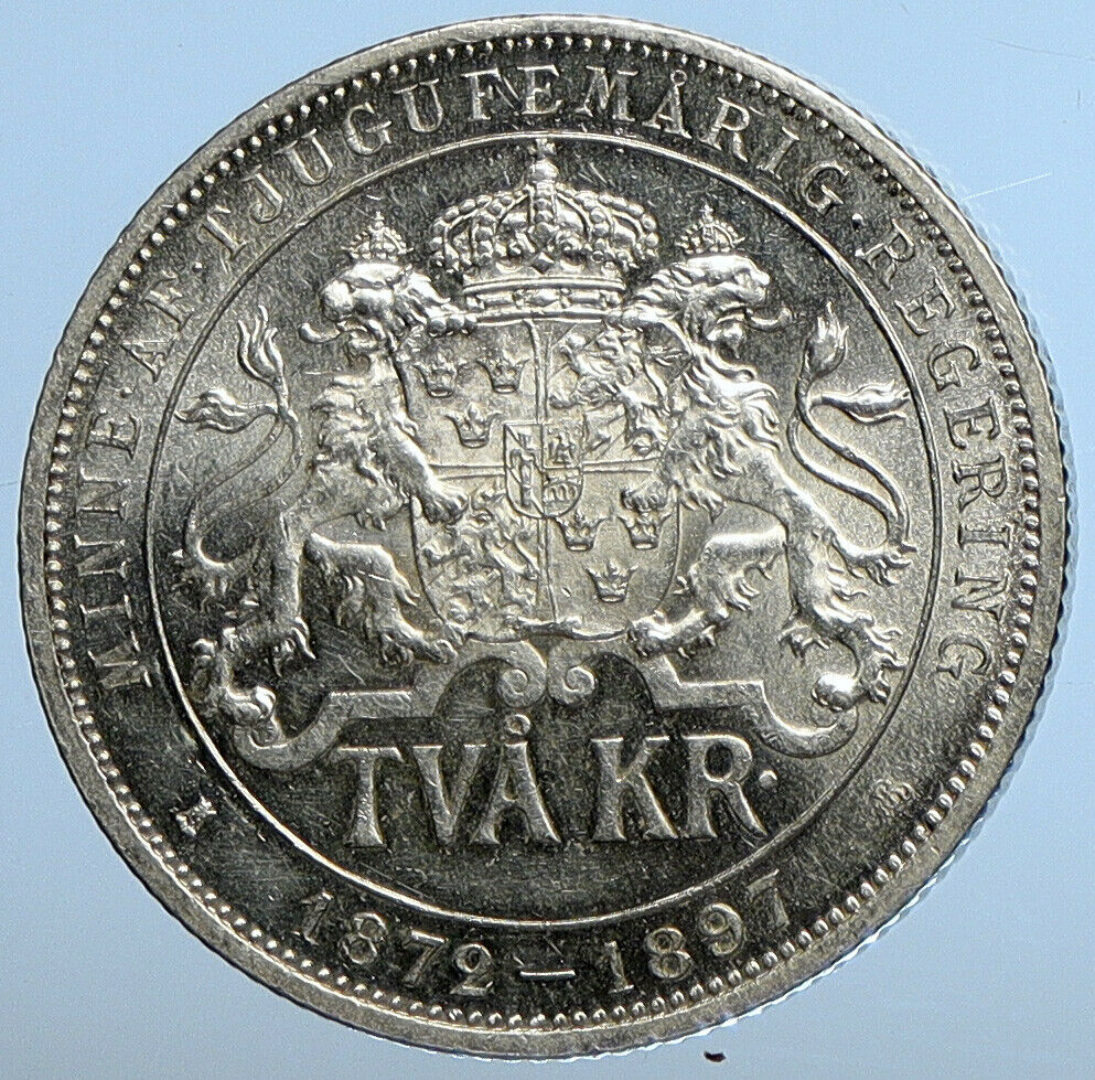 1897 SWEDEN King Oscar II Shield ANTIQUE SWEDISH Silver 2 Kronor Coin i111247