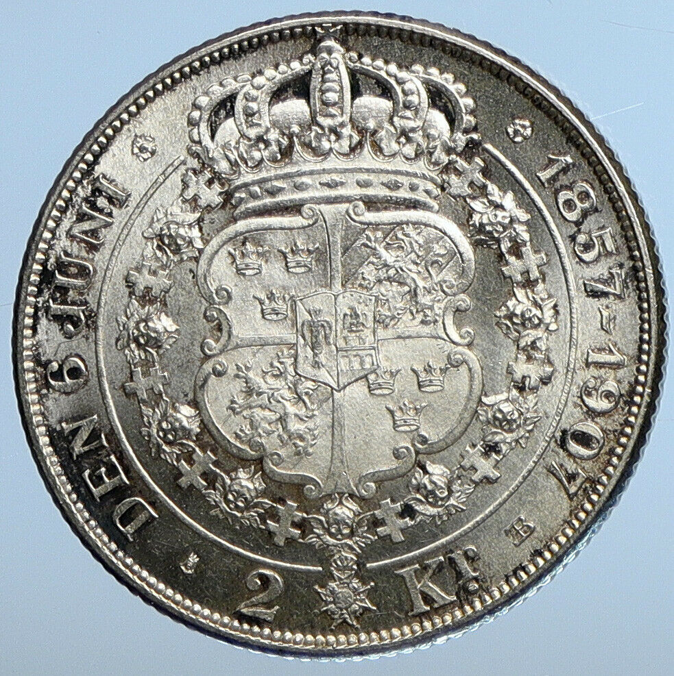 1907 SWEDEN King Oscar II Wedding to Lady Sophia Silver 2 Kronor Coin i111231