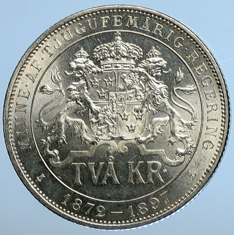 1897 SWEDEN King Oscar II Shield ANTIQUE SWEDISH Silver 2 Kronor Coin i111252