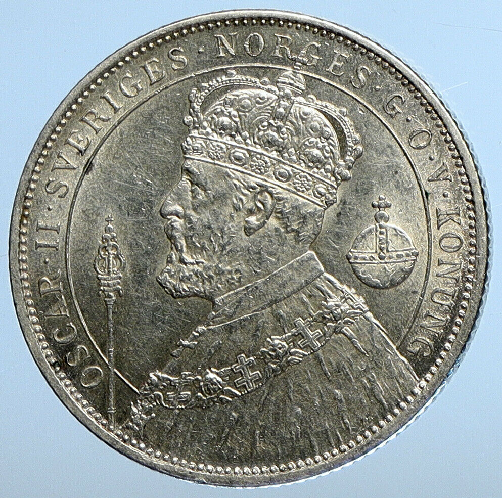 1897 SWEDEN King Oscar II Shield ANTIQUE SWEDISH Silver 2 Kronor Coin i111244
