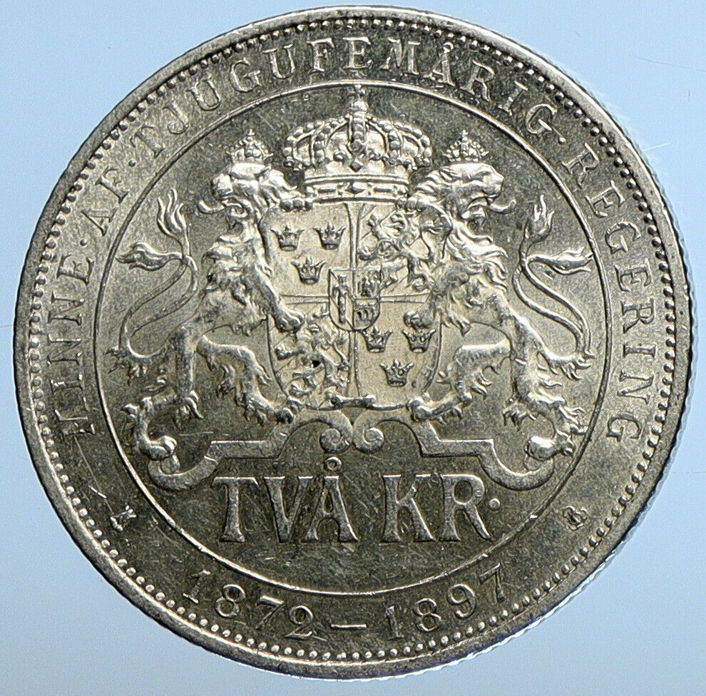 1897 SWEDEN King Oscar II Shield ANTIQUE SWEDISH Silver 2 Kronor Coin i111244