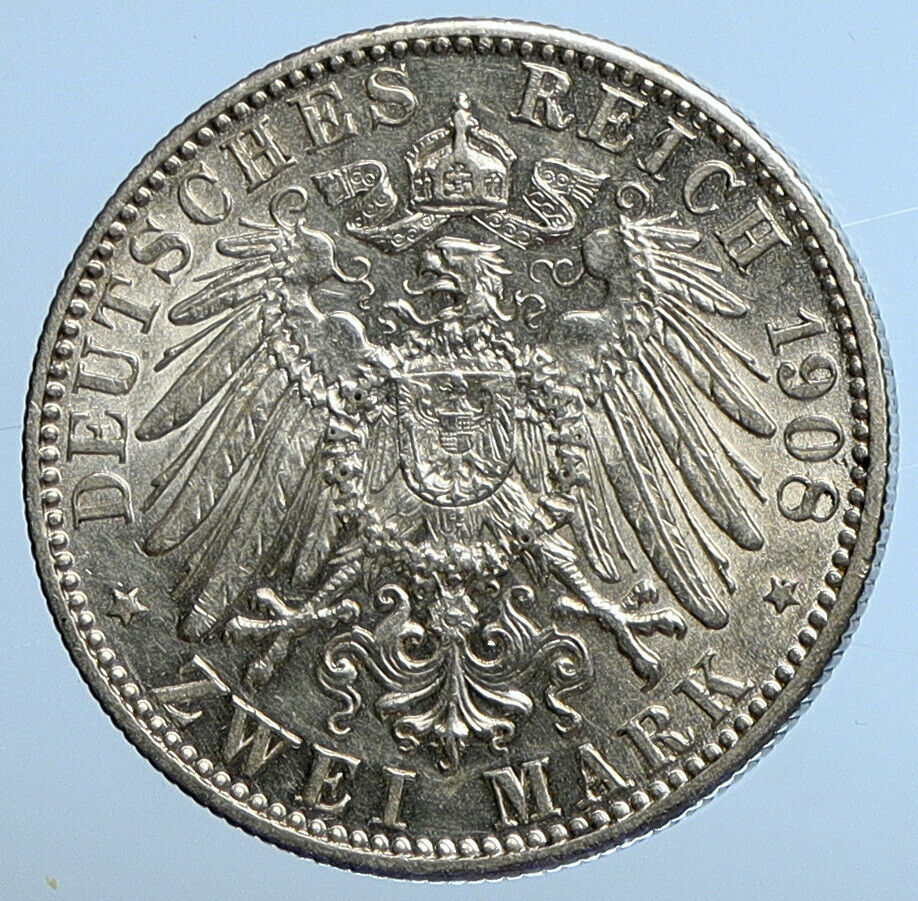 1908 D GERMANY Bavaria Ruled by Otto I Eagle Antique Silver 2 Marks Coin i111254