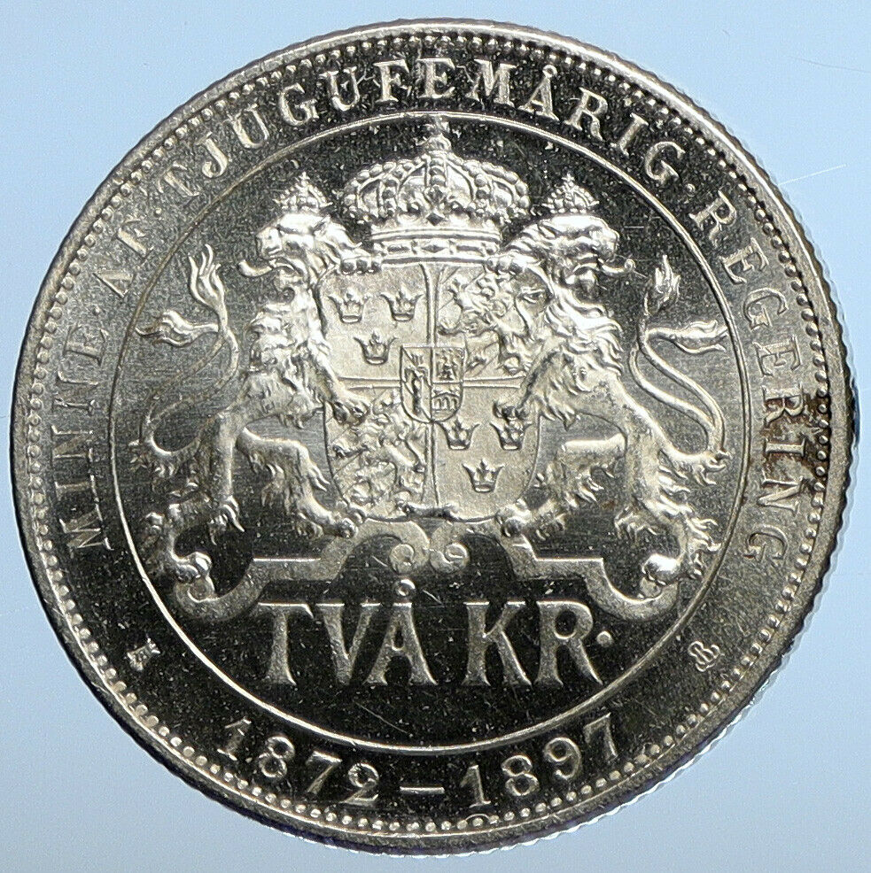 1897 SWEDEN King Oscar II Shield ANTIQUE SWEDISH Silver 2 Kronor Coin i111241