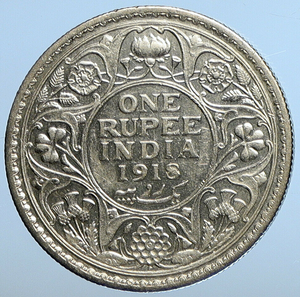 1918 INDIA UK King George V Silver Antique RUPEE Vintage OLD Indian Coin i111266