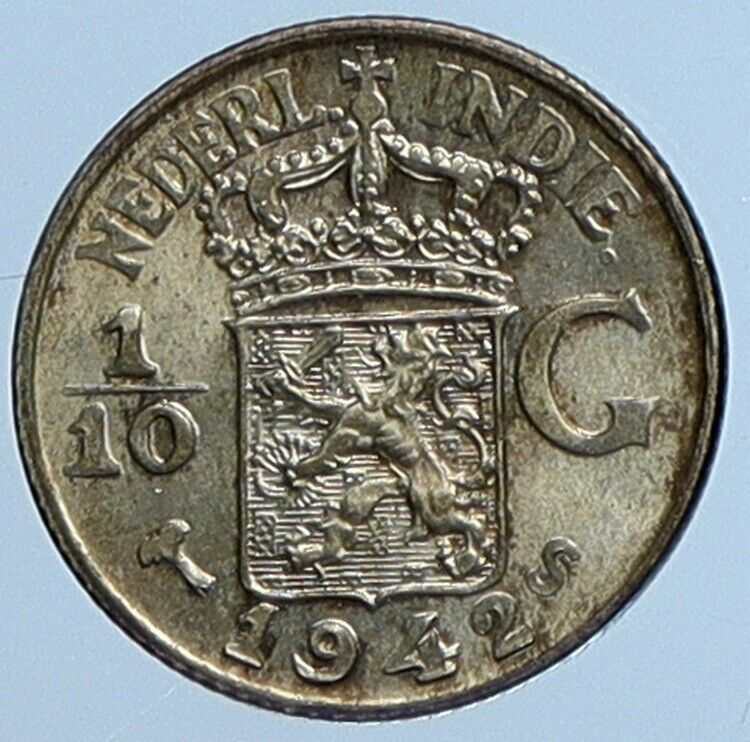 1942 S Netherlands EAST INDIES Queen WILHELMINA Silver 1/10 Gulden Coin i111268