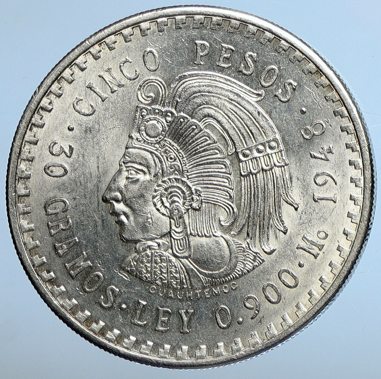 1948 MEXICO Aztec Chieftain CUAUHTEMOC Eagle VINTAGE Silver 5 Peso Coin i111262