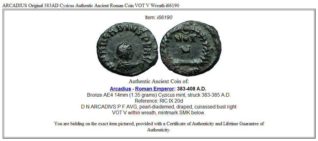 ARCADIUS Original 383AD Cyzicus Authentic Ancient Roman Coin VOT V Wreath i66190