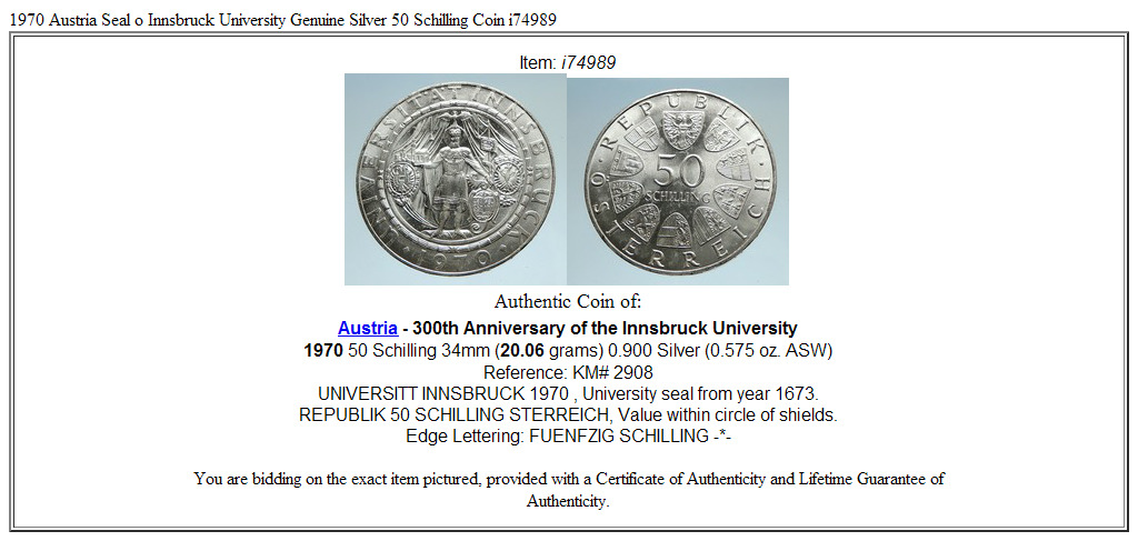 1970 Austria Seal o Innsbruck University Genuine Silver 50 Schilling Coin i74989