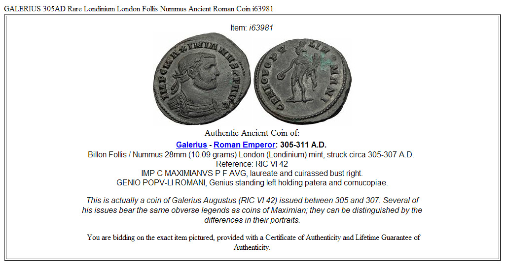 GALERIUS 305AD Rare Londinium London Follis Nummus Ancient Roman Coin i63981