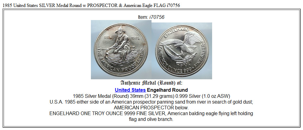 1985 United States SILVER Medal Round w PROSPECTOR & American Eagle FLAG i70756