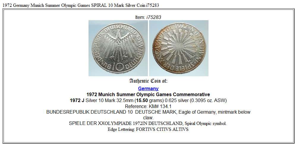 1972 Germany Munich Summer Olympic Games SPIRAL 10 Mark Silver Coin i75283