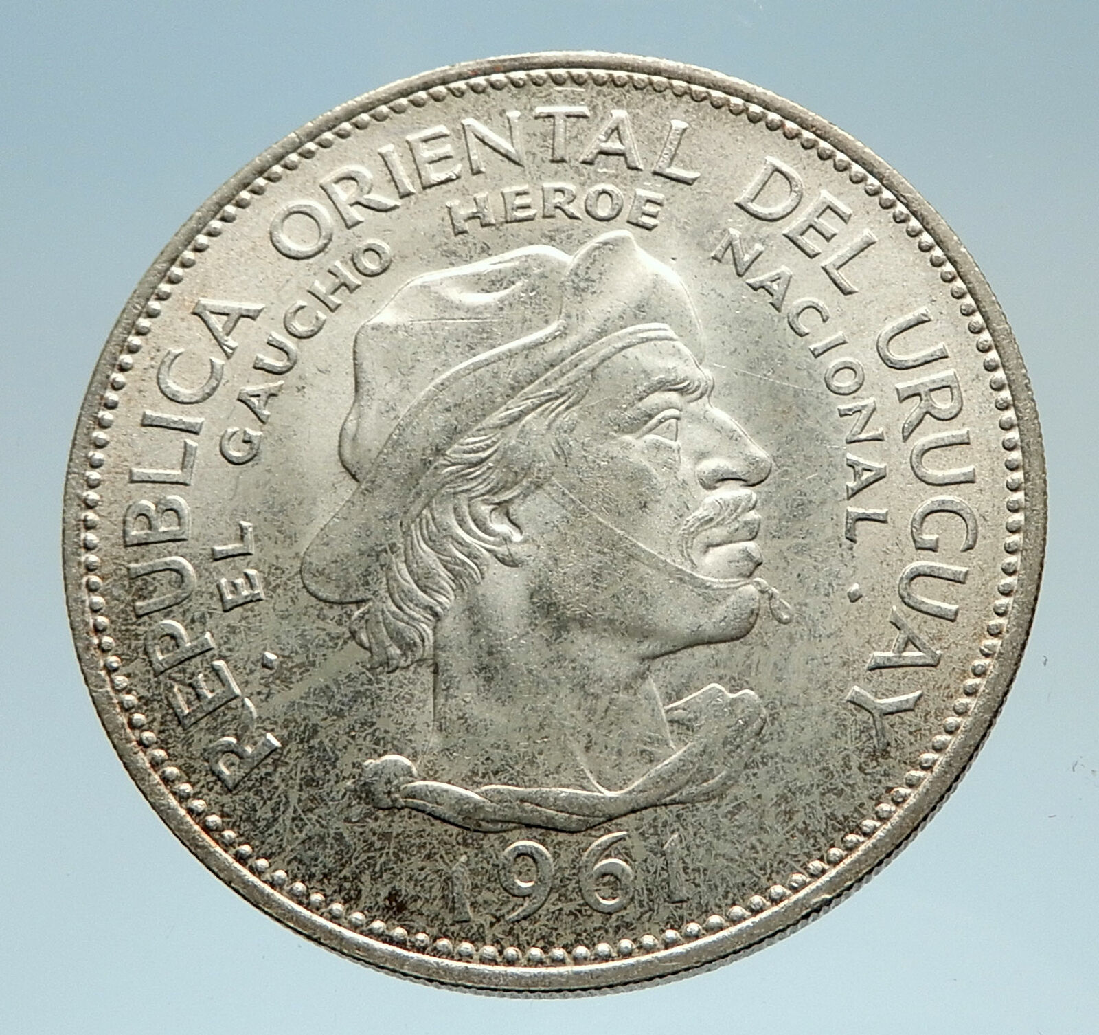 1961 URUGUAY w El Caucho Hero Against Spain Genuine Silver 10 Pesos Coin i75232