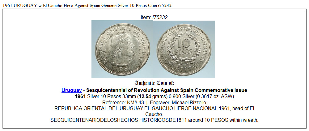 1961 URUGUAY w El Caucho Hero Against Spain Genuine Silver 10 Pesos Coin i75232