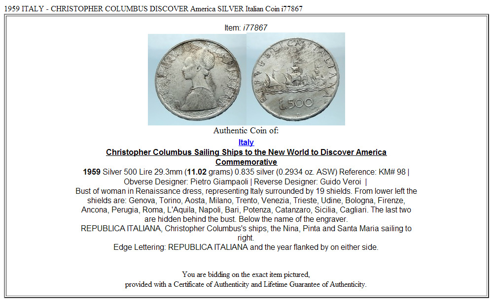 1959 ITALY - CHRISTOPHER COLUMBUS DISCOVER America SILVER Italian Coin i77867