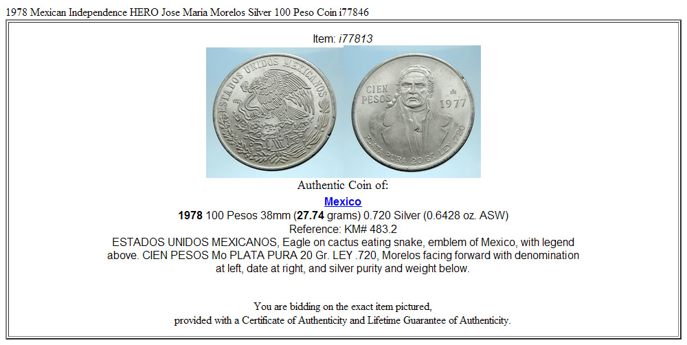 1978 Mexican Independence HERO Jose Maria Morelos Silver 100 Peso Coin i77846