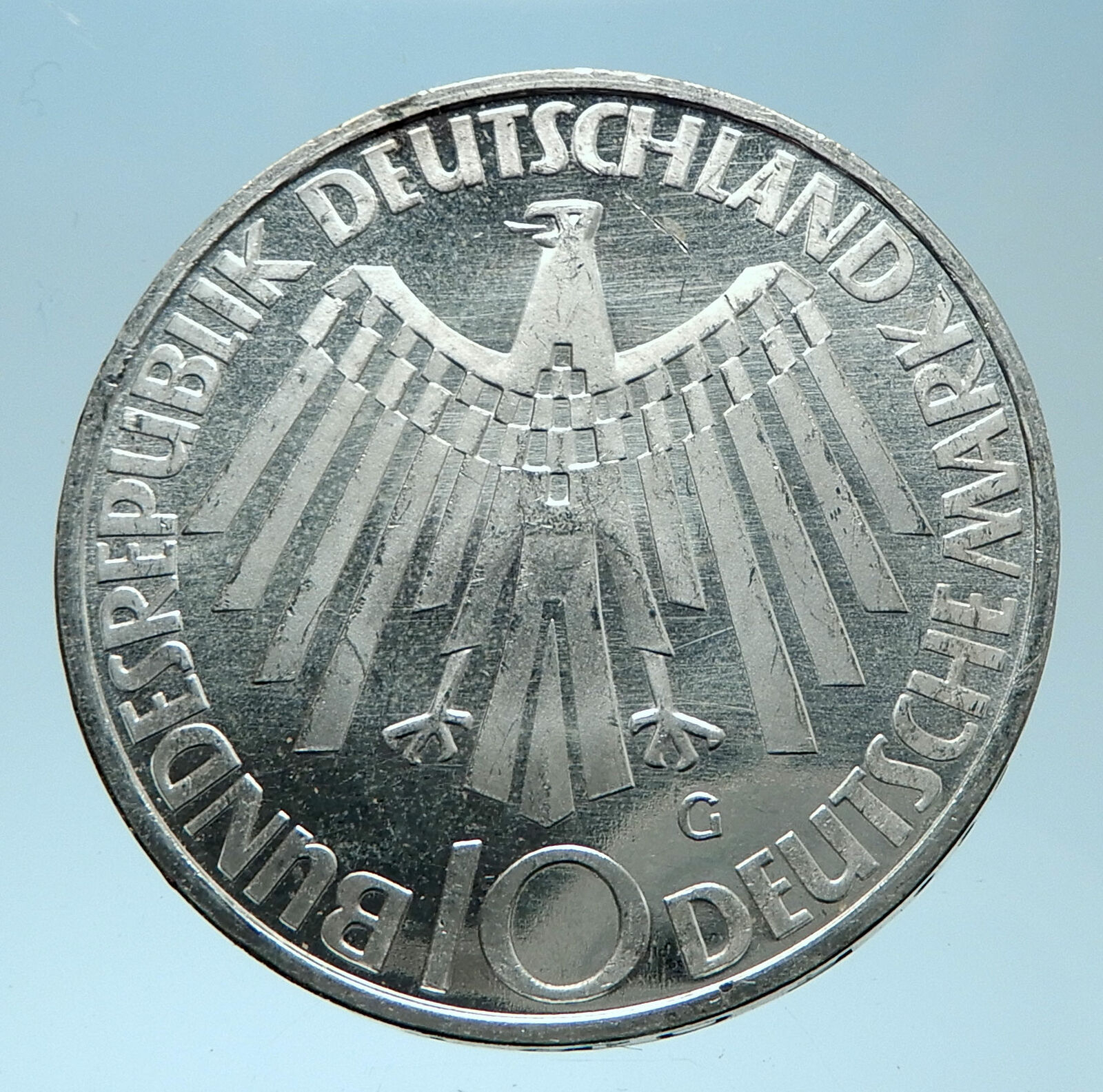 1972 Germany Munich Summer Olympic Games SPIRAL 10 Mark Silver Coin i77921