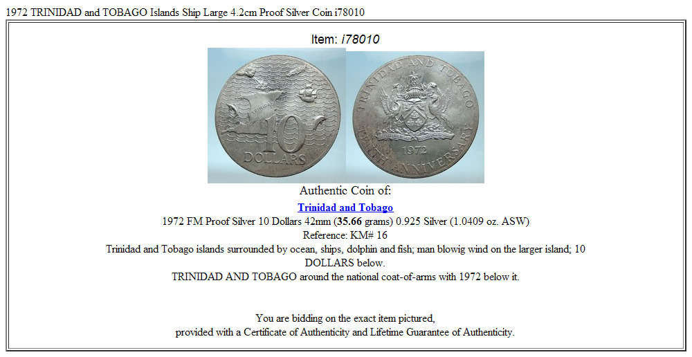 1972 TRINIDAD and TOBAGO Islands Ship Large 4.2cm Proof Silver Coin i78010