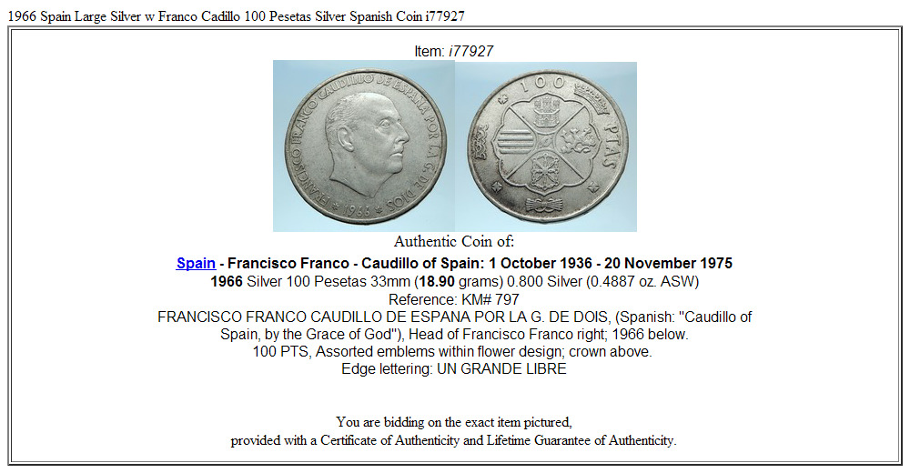 1966 Spain Large Franco Cadillo Genuine Silver 100 Pesetas Spanish Coin i77927