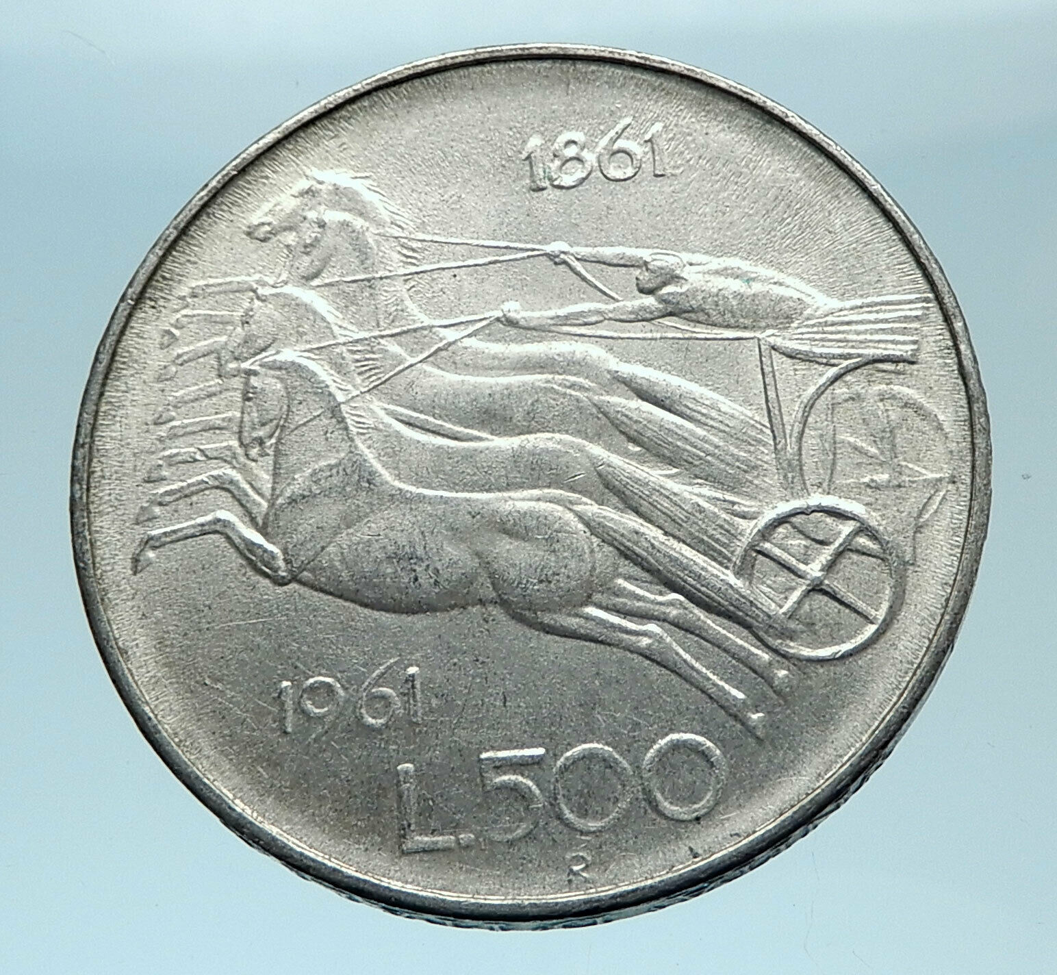 1961 ITALY Silver 500 Lire Coin ITALIAN UNIFICATION Rome Capital CHARIOT i78036