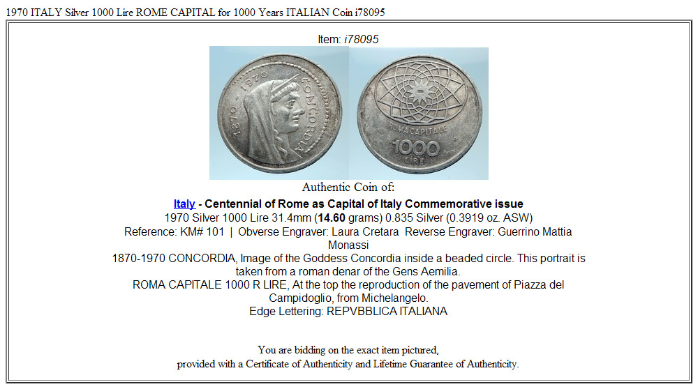 1970 ITALY Silver 1000 Lire ROME CAPITAL for 1000 Years ITALIAN Coin i78095