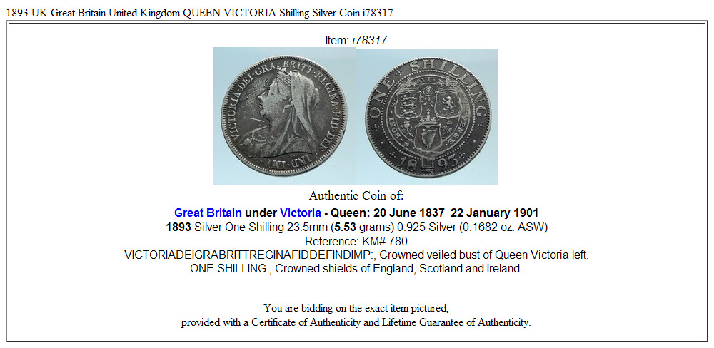 1893 UK Great Britain United Kingdom QUEEN VICTORIA Shilling Silver Coin i78317