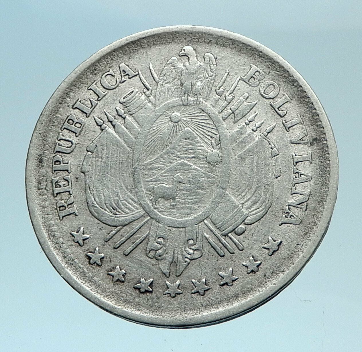 1891 PTS CB BOLIVIA Antique Floral Reef Genuine 20 Centavos Silver Coin i78309