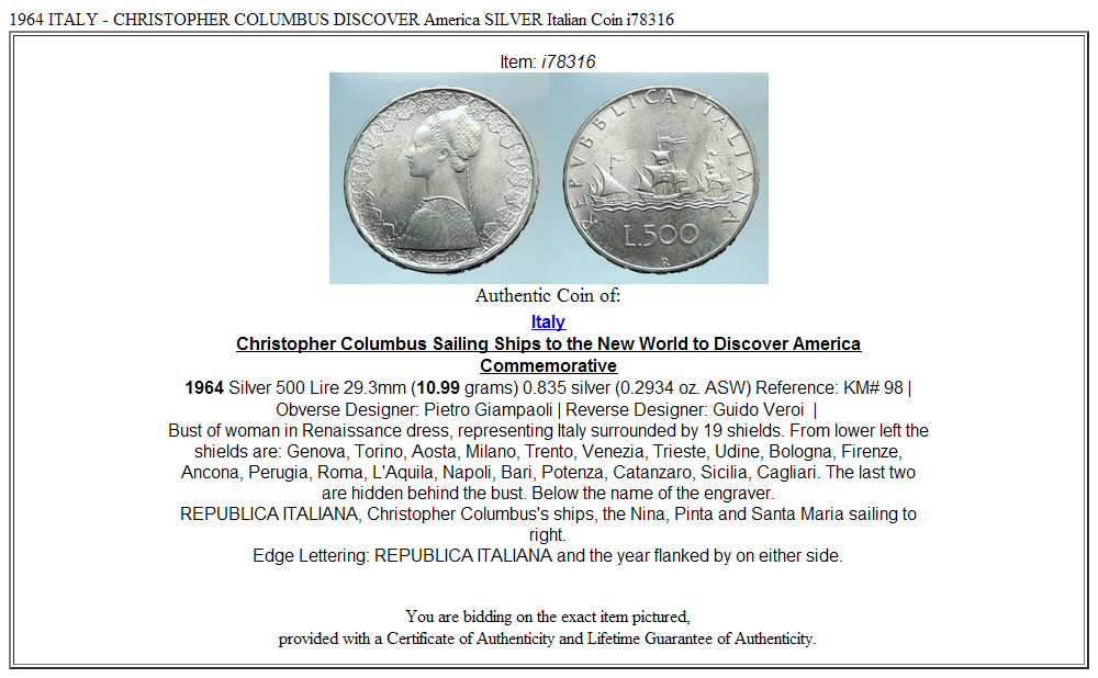 1964 ITALY - CHRISTOPHER COLUMBUS DISCOVER America SILVER Italian Coin i78316