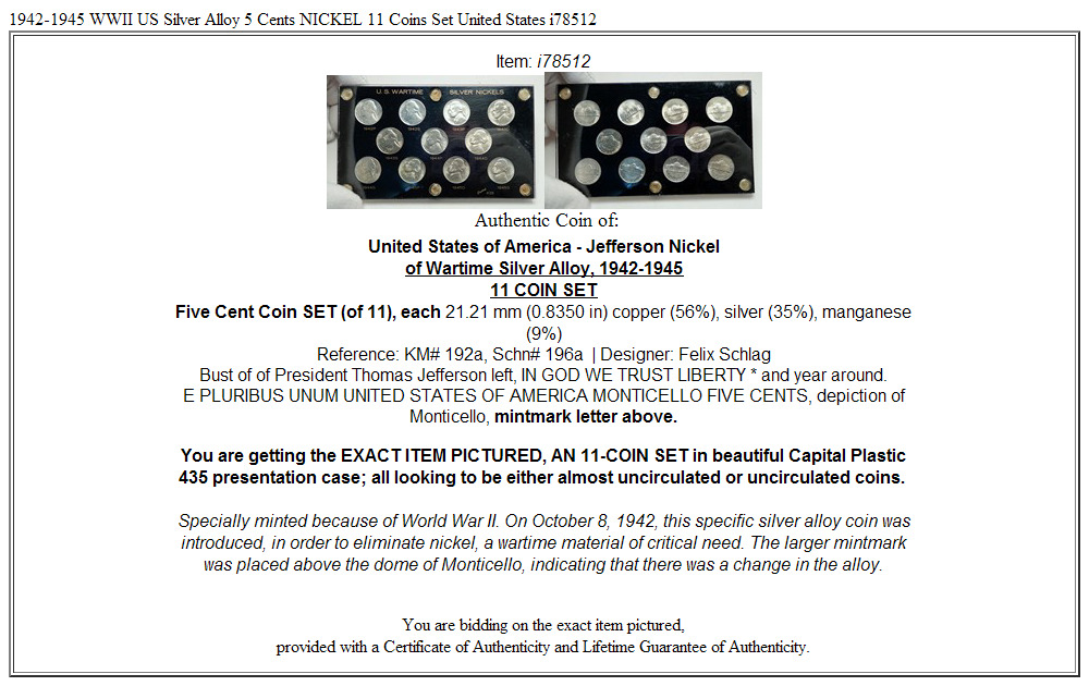 1942-1945 WWII US Silver Alloy 5 Cents NICKEL 11 Coins Set United States i78512
