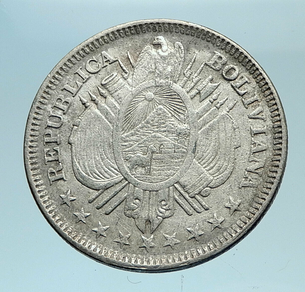 1885 PTS FE BOLIVIA Antique Floral Reef Genuine 20 Centavos Silver Coin i78330