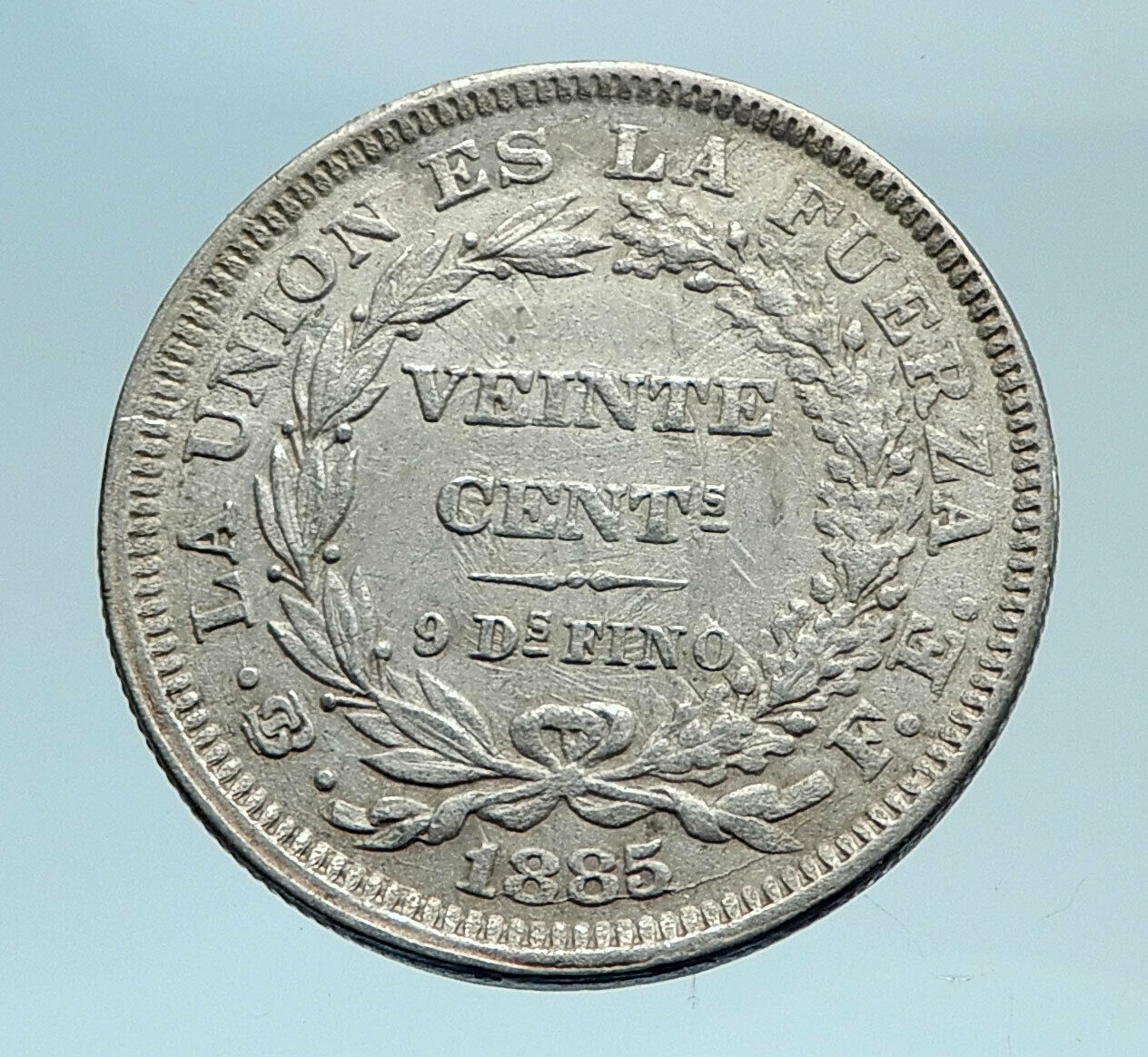 1885 PTS FE BOLIVIA Antique Floral Reef Genuine 20 Centavos Silver Coin i78330