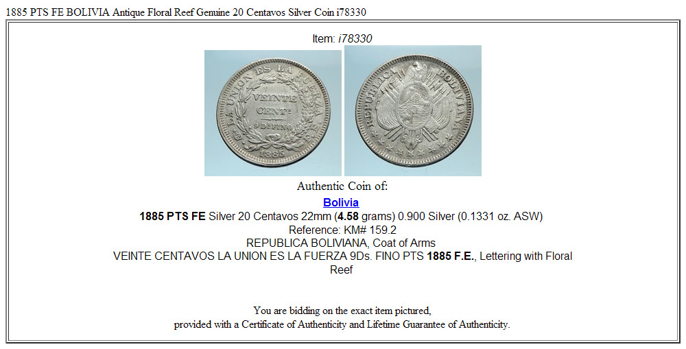 1885 PTS FE BOLIVIA Antique Floral Reef Genuine 20 Centavos Silver Coin i78330