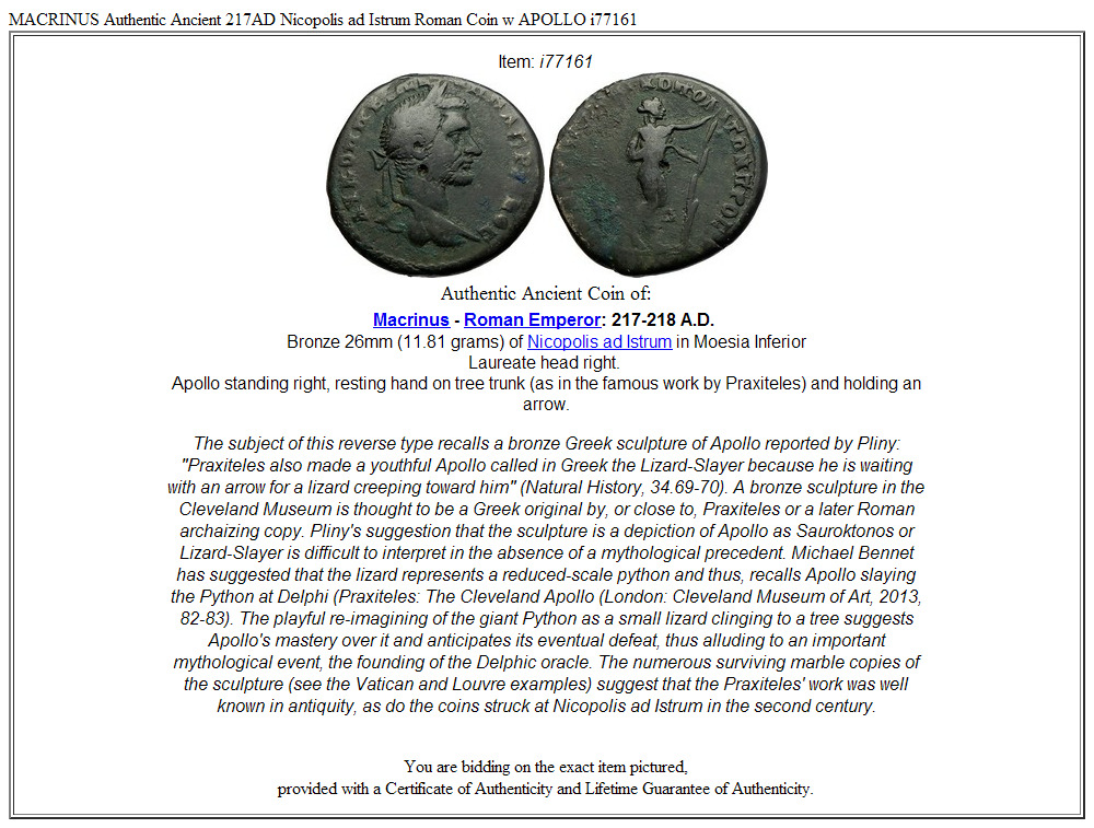 MACRINUS Authentic Ancient 217AD Nicopolis ad Istrum Roman Coin w APOLLO i77161