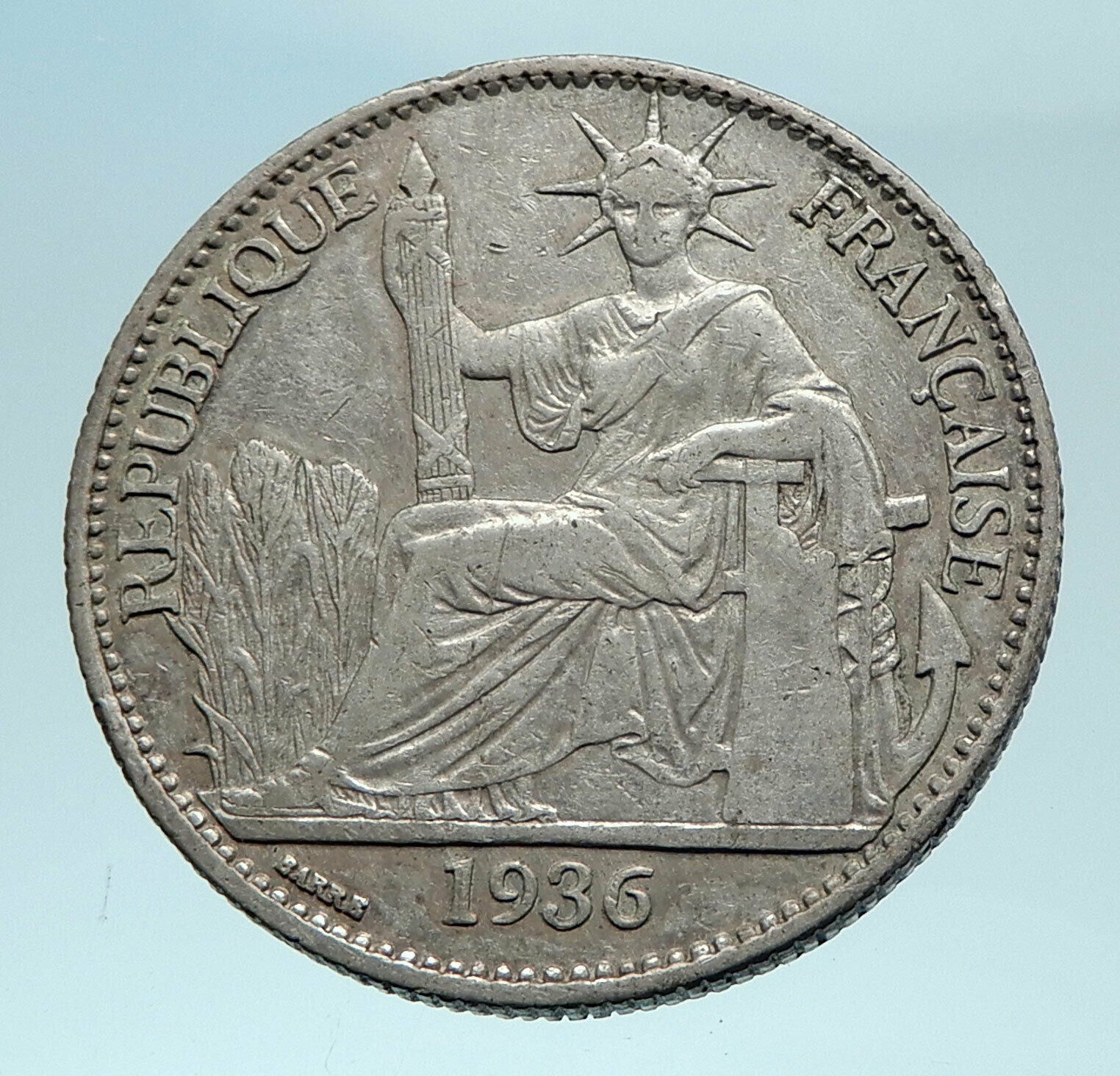 1936 A FRENCH INDO-CHINA Genuine Silver 50 Cent Coin France Republic i78618